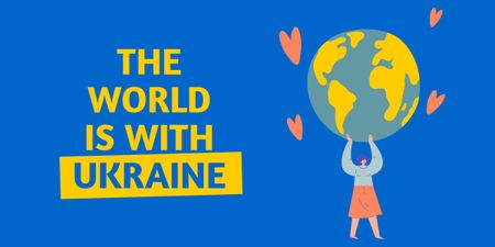 Ontwerpsjabloon van Image van wereld is met oekraïne slogan op blauw