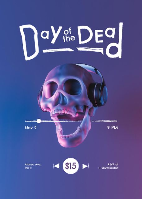 Platilla de diseño Day of the Dead Announcement with Skull in Headphones Invitation