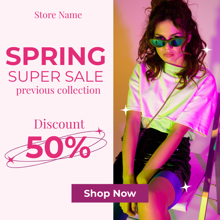 Szuper eladó tavaszi kollekció fiatal nővel neonfényben Instagram AD tervezősablon