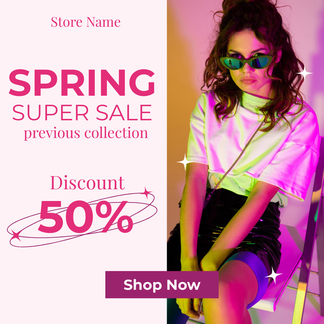 Designvorlage Super Sale Spring Collection with Young Woman in Neon Light für Instagram AD