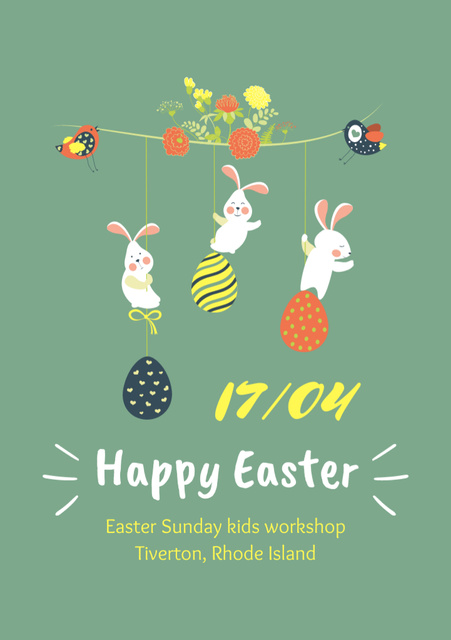 Easter Announcement with Funny Bunies and Painted Eggs Flyer A5 Design Template