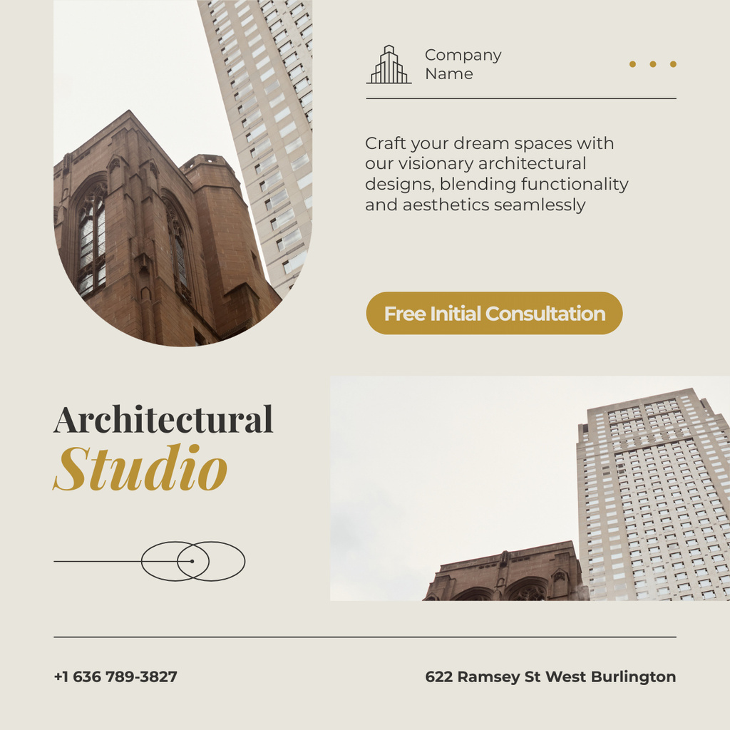 Architectural Studio Ad with Buildings in City LinkedIn postデザインテンプレート