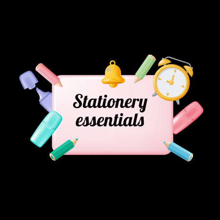 Platilla de diseño Stationery Essentials Ad with Alarm Clock and Markers Animated Logo