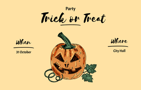 Ontwerpsjabloon van Invitation 4.6x7.2in Horizontal van Halloween Party Announcement With Illustration of Scary Pumpkin