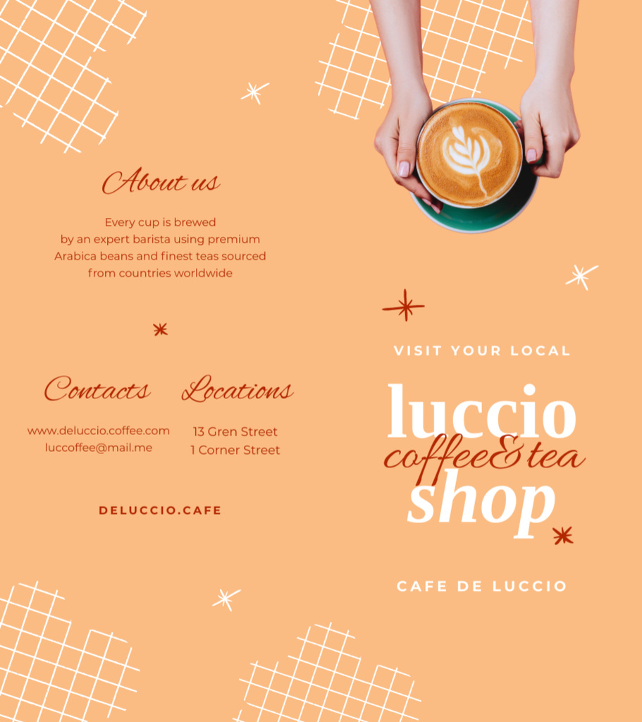 Newly Opened Coffee and Tea Shop Promotion Brochure 9x8in Bi-fold Šablona návrhu