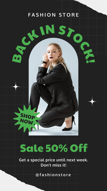 Fashion Store Promotion with Young Woman in Black Suit Instagram Story tervezősablon