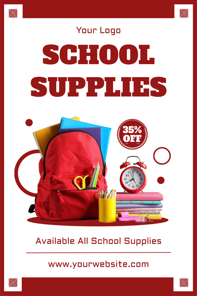 School Supplies Sale Announcement in Red Frame Pinterest Design Template