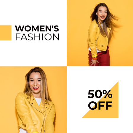 Nő sárga kabátban a női divat bejelentésére Instagram tervezősablon