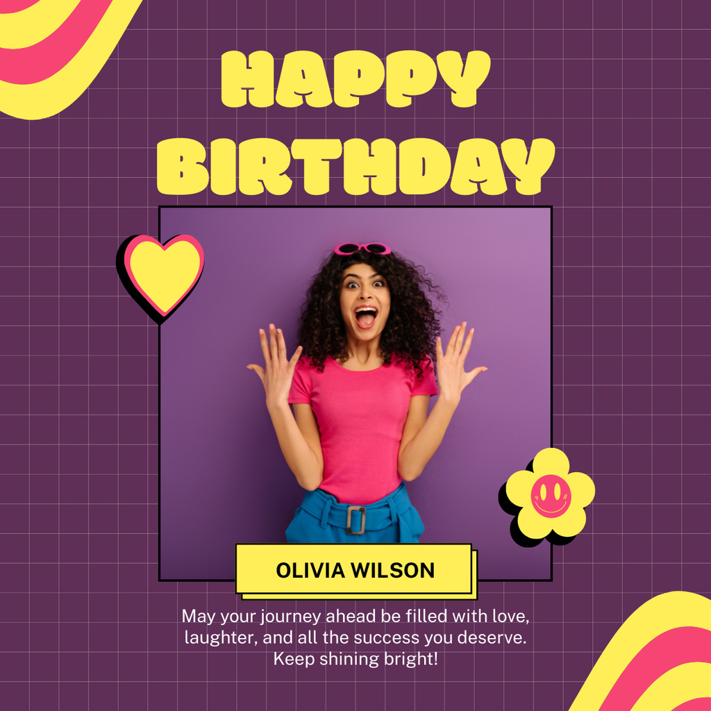 Bright Purple and Yellow Birthday Wishes to Young Woman LinkedIn post Design Template