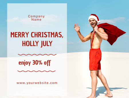 Cheerful Man in Santa Claus Costume Standing on Beach in Sunny Day Postcard 4.2x5.5in Modelo de Design