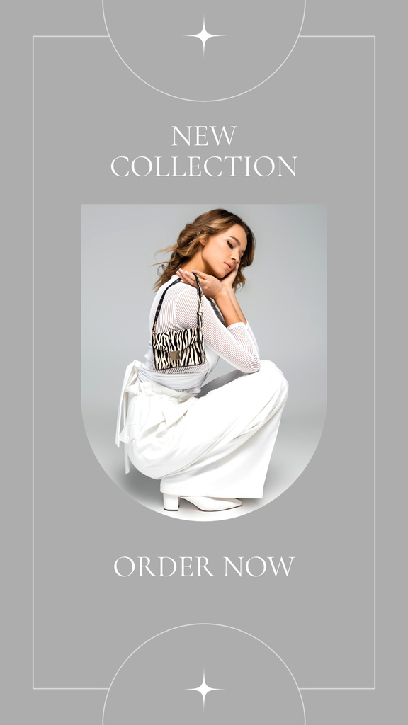 Designvorlage New Fashion Collection With Handbag In White für Instagram Story