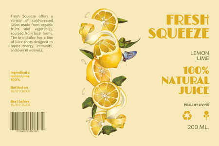 Taze Sıkma Doğal Limon ve Limon Suyu Label Tasarım Şablonu