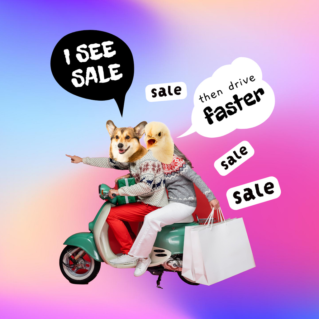 Sale Announcement with Funny Animals on Scooter Instagram Design Template