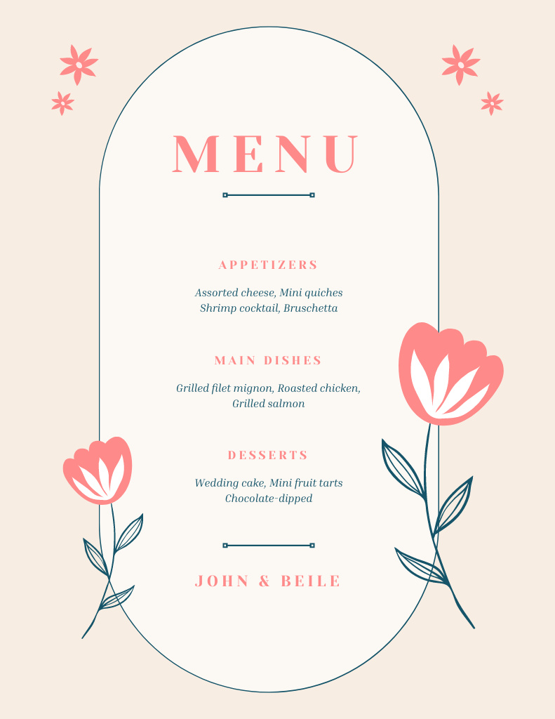 Simple Peach Wedding Food List Menu 8.5x11in Design Template