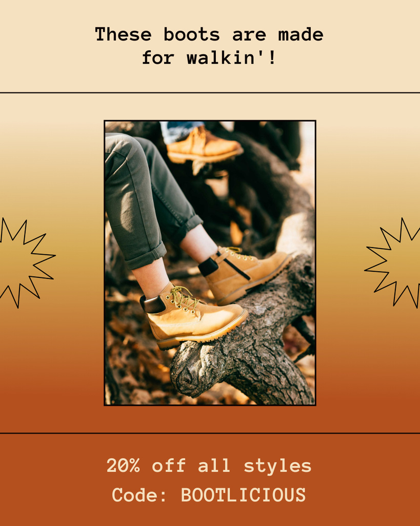 Promo Code Offer on Hiking Shoes Instagram Post Vertical Modelo de Design