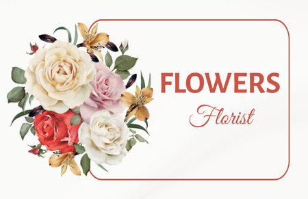 Florist Services Ad with Bouquet of Roses Business Card 85x55mm Design Template