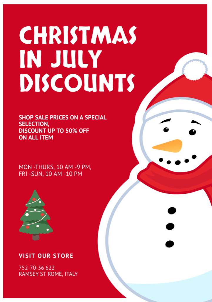 Christmas Sale Announcement in July with Cute Snowman in Red Scarf Flyer A5 Design Template