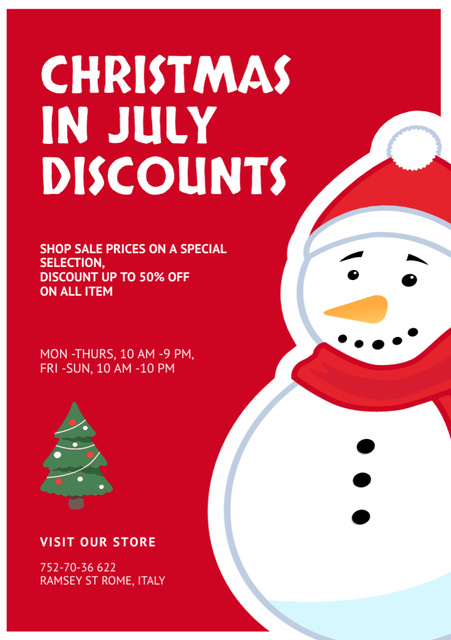 Christmas Sale Announcement in July with Cute Snowman in Red Scarf Flyer A5 Tasarım Şablonu