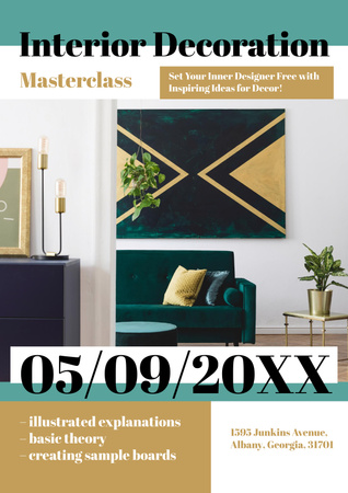Interior Decoration Masterclass Ad with Sofa in Room Poster Design Template