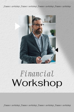 Financial Workshop promotion with Confident Man Pinterest Tasarım Şablonu