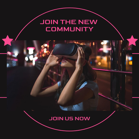 Designvorlage Einladung zur virtuellen Community mit junger Frau in VR-Brille für Instagram