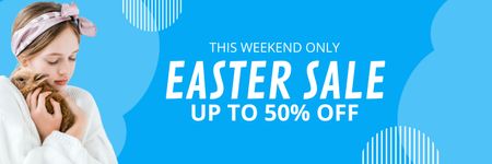 Easter Sale Advertisement with Cute Child Holding Furry Rabbit Twitter Design Template