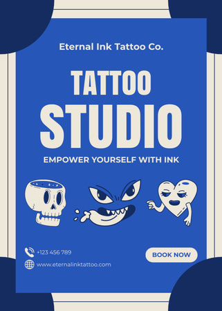 Plantilla de diseño de Oferta de servicio de estudio de tatuajes de personajes lindos y tinta Flayer 