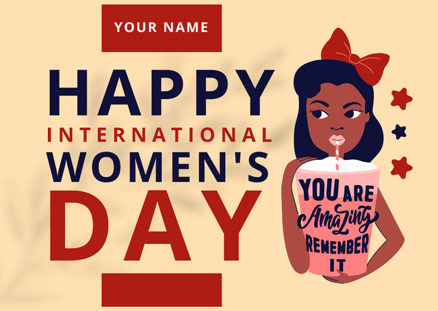 Wishes on International Women's Day With Cute Woman Card Šablona návrhu