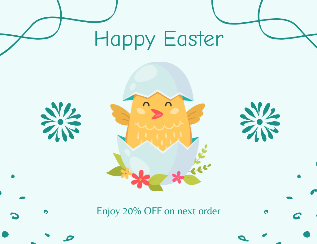 Easter Greeting with Cartoon Little Chick on Blue Thank You Card 5.5x4in Horizontal Design Template