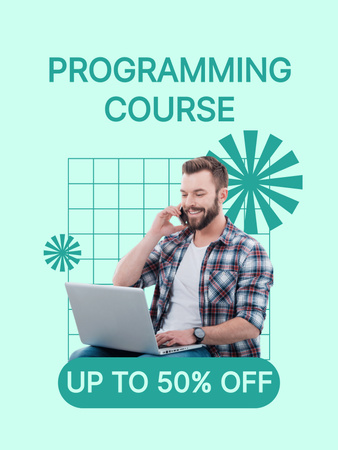 Kedvezmény a programozási tanfolyamra laptopot használó fiatalemberrel Poster US tervezősablon