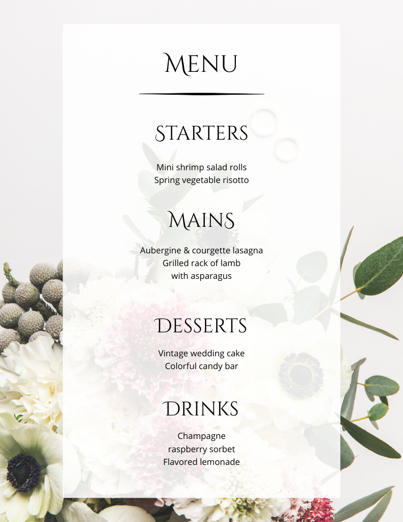 Wedding Food Course on Background of Flowers Bouquet Menu 8.5x11in Design Template