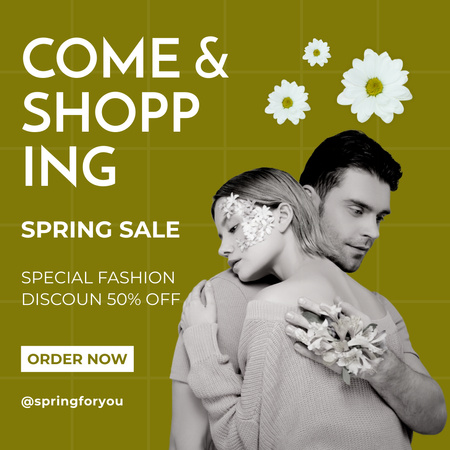 Designvorlage Mode-Frühlingsverkauf mit süßem Paar und Blumen für Instagram AD
