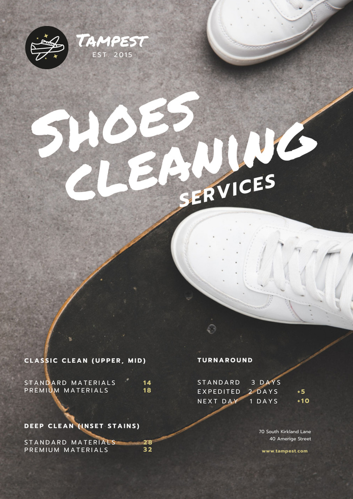 Designvorlage Shoes Cleaning Services Ad with Sportsman on Skateboard für Poster A3