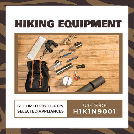 Discount Offer with Hiking Equipment in Backpack Instagram Design Template