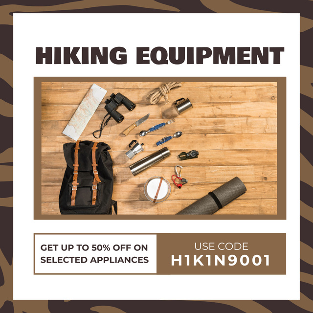 Szablon projektu Discount Offer with Hiking Equipment in Backpack Instagram