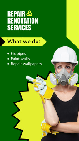 Designvorlage Hausreparatur- und Renovierungsdienste mit Frau in Maske und Helm für Instagram Video Story