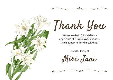 Hautajaisten kiitoskortti kukkakimpulla Card Design Template