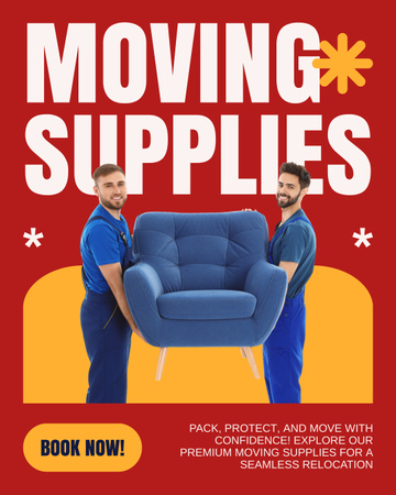 Modèle de visuel Annonce de fournitures de déménagement avec des hommes tenant un fauteuil - Instagram Post Vertical