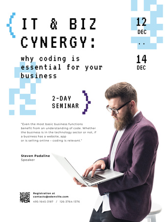 Template di design Accattivante annuncio di una conferenza IT con un uomo che lavora su un laptop Poster US