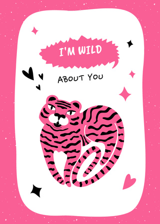Love Phrase With Cute Pink Tiger Postcard 5x7in Vertical Design Template