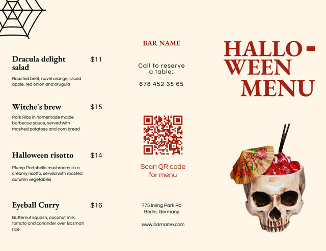 Template di design Halloween Food and Drinks Specials Menu 11x8.5in Tri-Fold