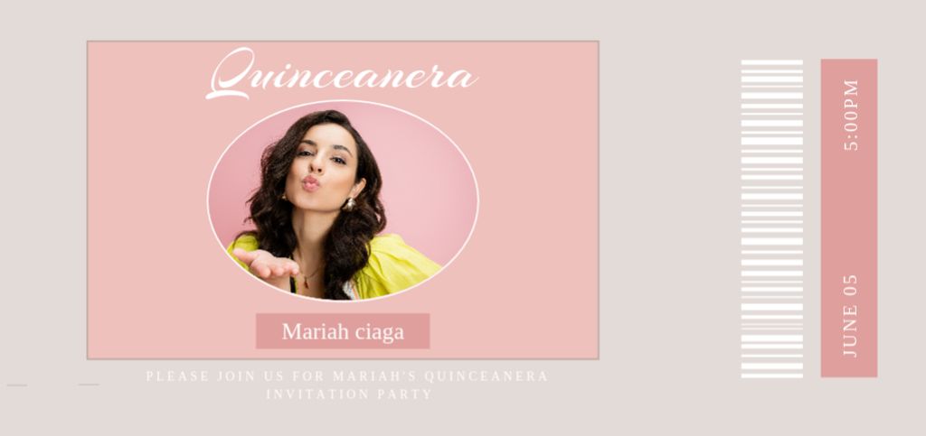 Plantilla de diseño de Awesome Quinceañera Holiday Celebration Announcement In Pink Ticket DL 