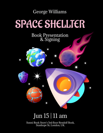 Designvorlage Fantastische Ankündigung einer Buchpräsentation mit Illustration des Weltraums für Poster 8.5x11in