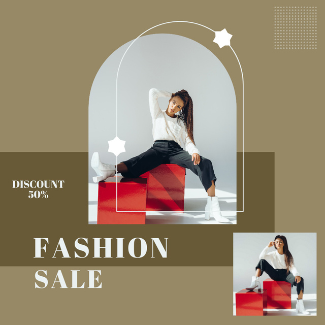 Fashion Sale Offer with Stylish Woman in Casual Outfit Instagram Design Template