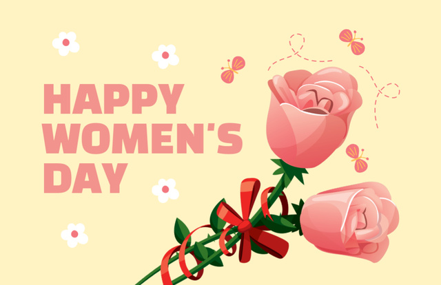 Illustrated Pink Roses for International Women's Day In Yellow Thank You Card 5.5x8.5in – шаблон для дизайна