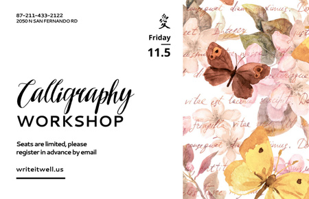 Designvorlage Calligraphy Workshop Announcement with Watercolor Flowers für Flyer 5.5x8.5in Horizontal