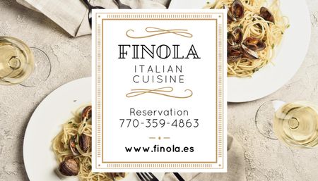 Italian Restaurant Offer with Seafood Pasta Dish Business Card USデザインテンプレート