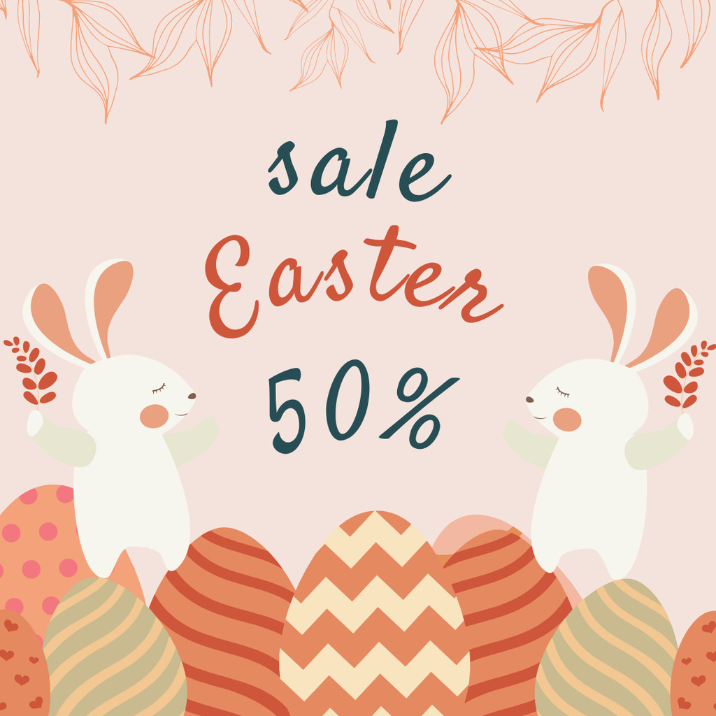 Easter Discount Offer with Rabbits and Painted Eggs Instagram Design Template