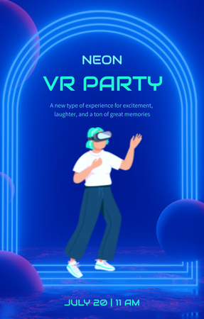 Virtual Party Announcement Neon Blue Invitation 4.6x7.2in Design Template