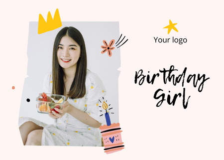 Modèle de visuel Smiling Woman Celebrating Birthday With Fruits - Postcard 5x7in